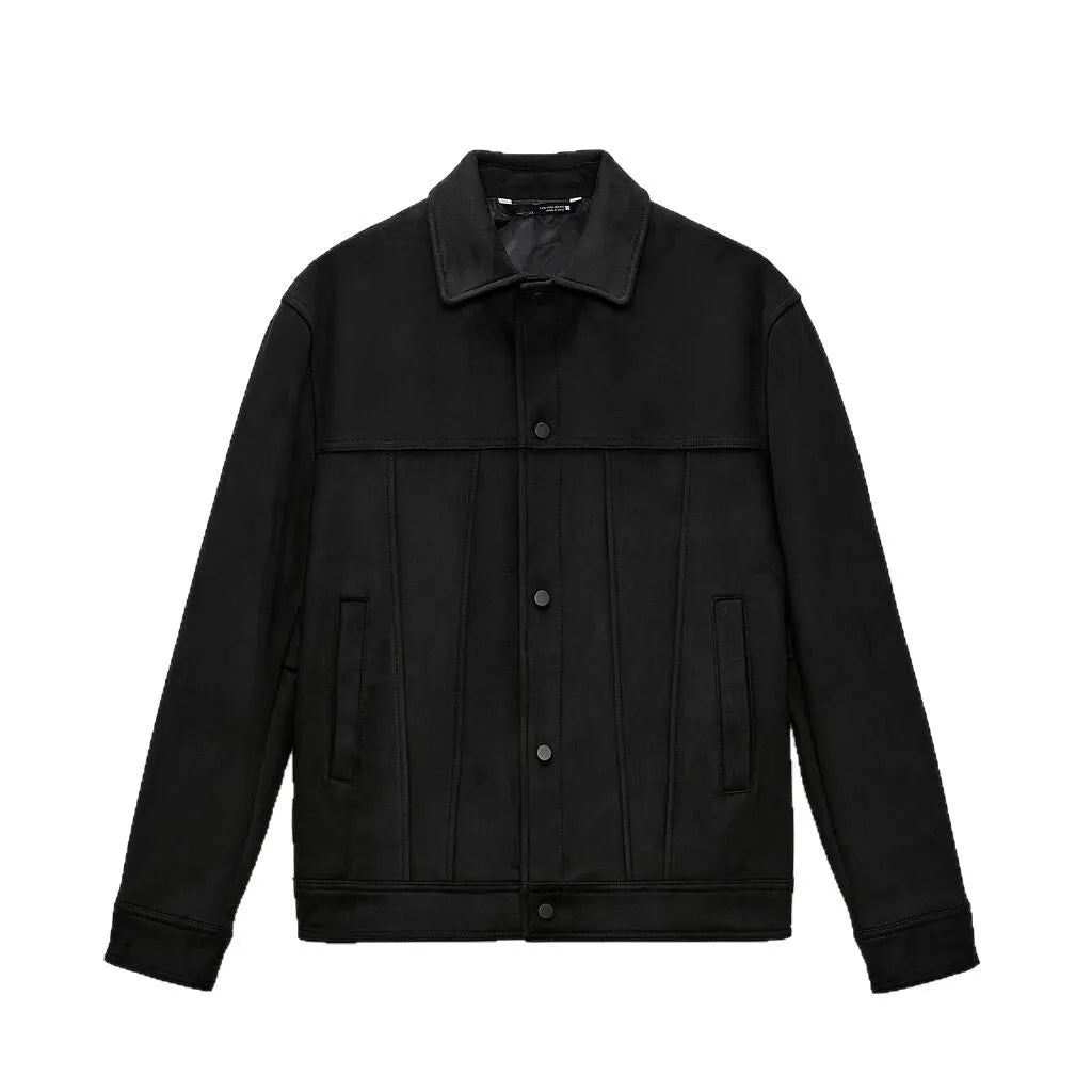 Black men's hooded jacket with a suede collar, loose long sleeves, and side seam pockets.