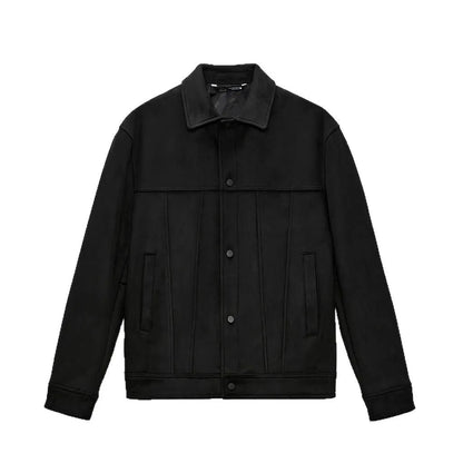 Black men's hooded jacket with a suede collar, loose long sleeves, and side seam pockets.