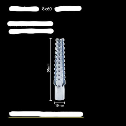 Barbed serrated metal expansion screw anchor for brick and concrete walls in various sizes.