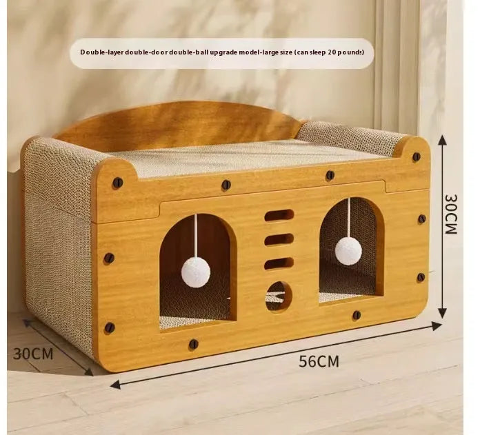 Double-layer corrugated paper cat house with double ball doors, extra-large 30 cm size