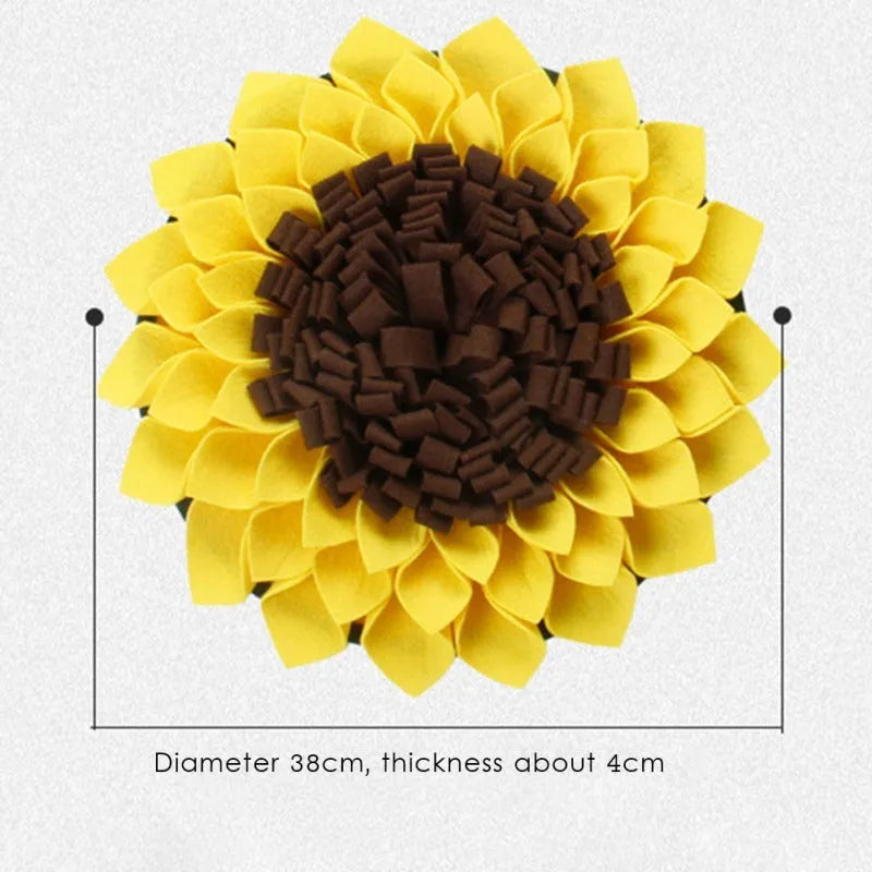 Yellow sunflower snuffle mat for dogs with rope and buckle attachment