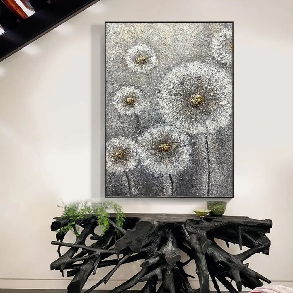 Hand painted white flower plant oil painting on grey canvas, large vertical unframed wall art