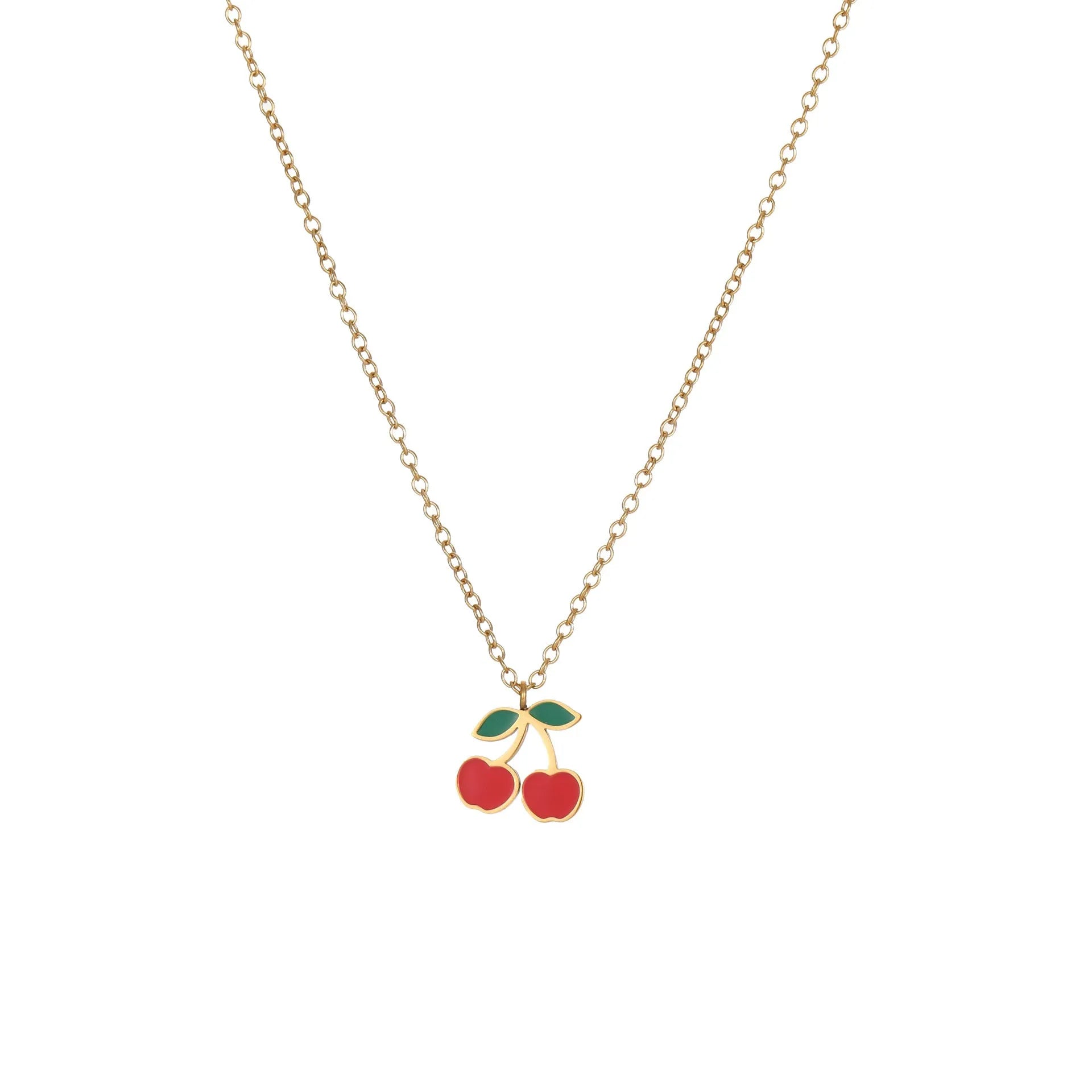 Cherry jewellery set with necklace, bracelet, earrings and ring in gold electroplated stainless steel with geometric fruit design