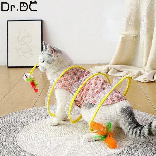 Folded Cat Tunnel S Type with interactive toy mice and feathers for cats