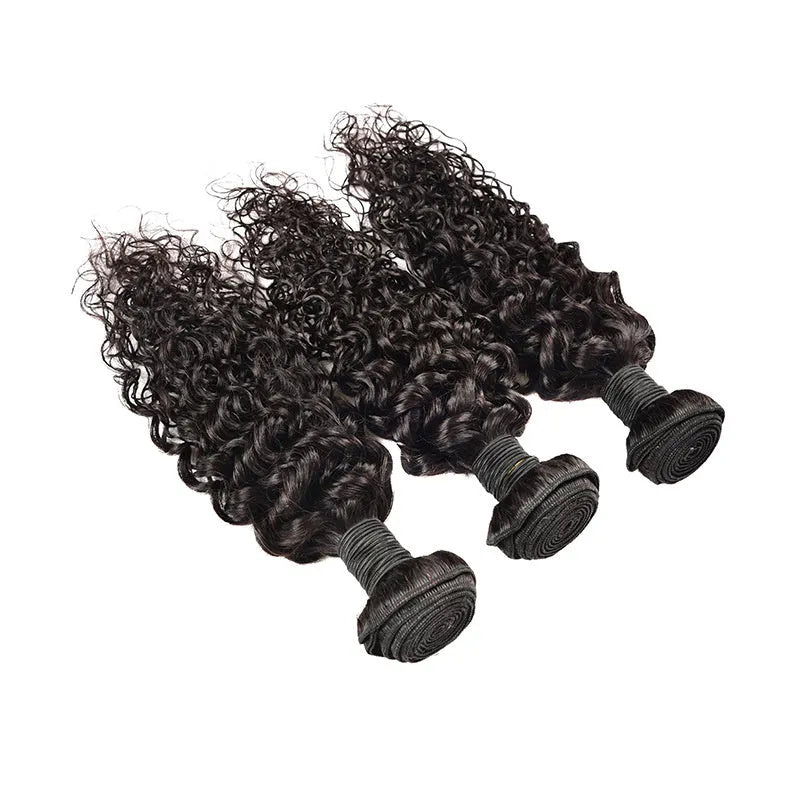 Real human hair water wave extensions in natural colours displayed at various lengths.