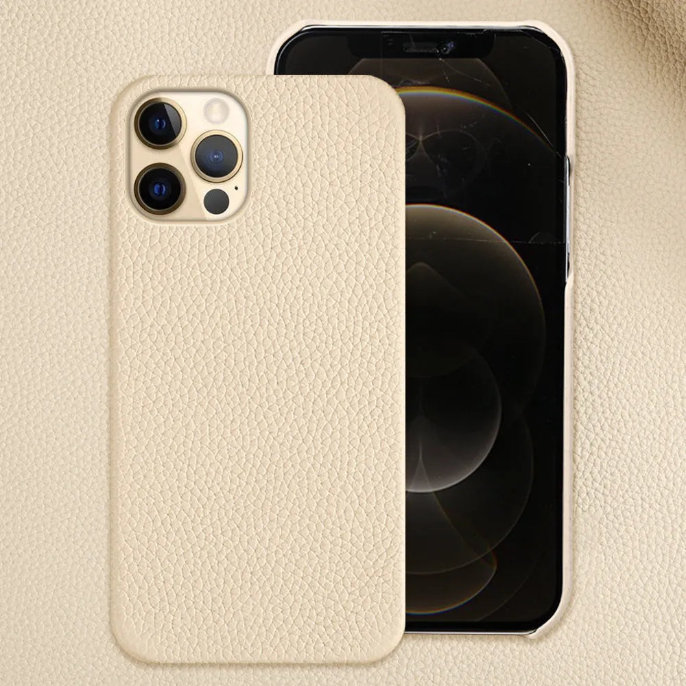 Genuine cowhide leather iPhone case in brown with anti-drop design and tempered film included.