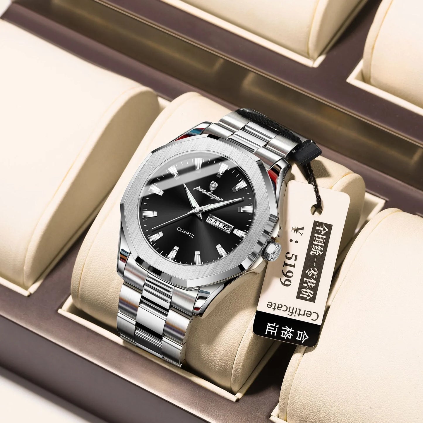 Men's steel strap quartz watch with 9mm thick case in a business style, showing colour options.