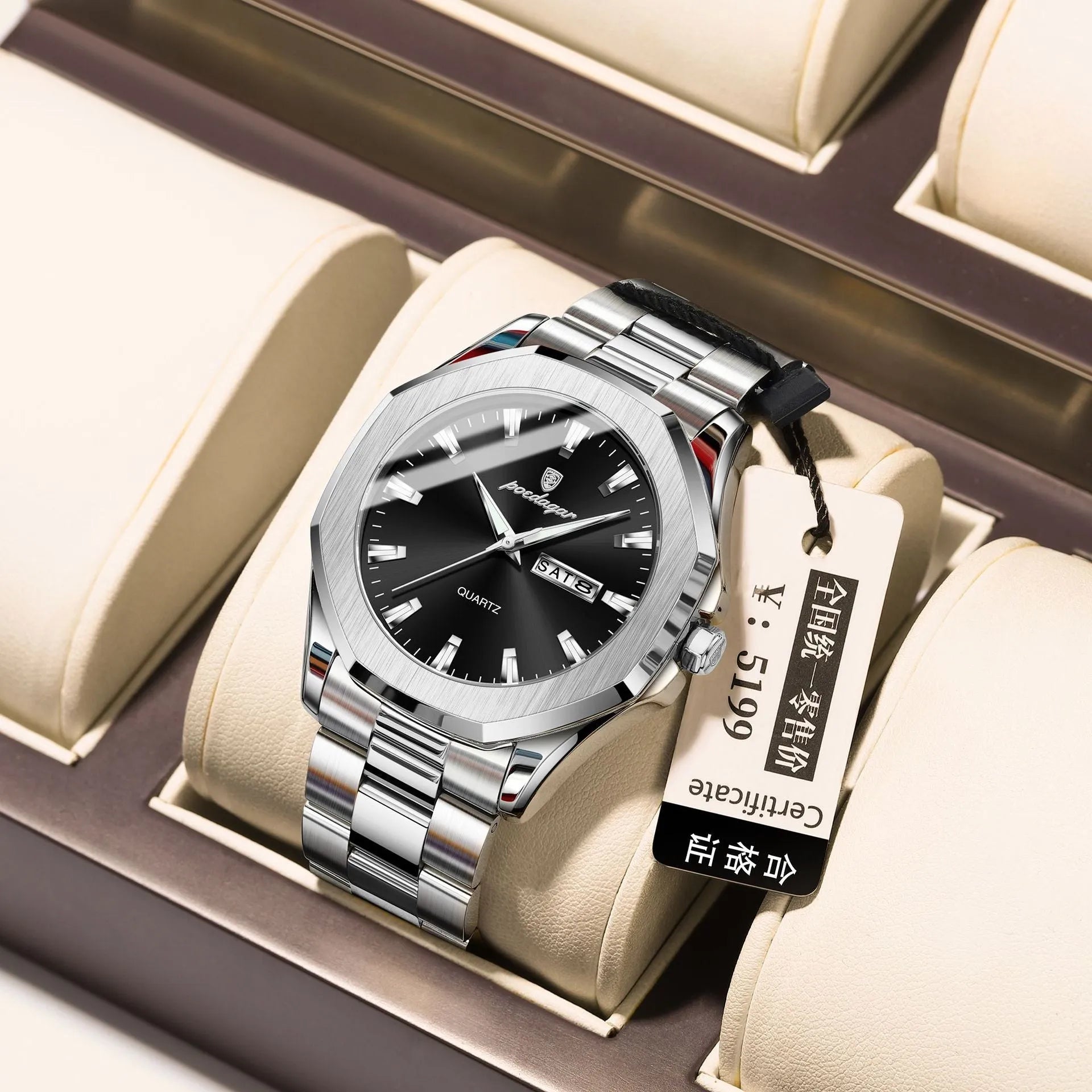 Men's steel strap quartz watch with 9mm thick case in a business style, showing colour options.