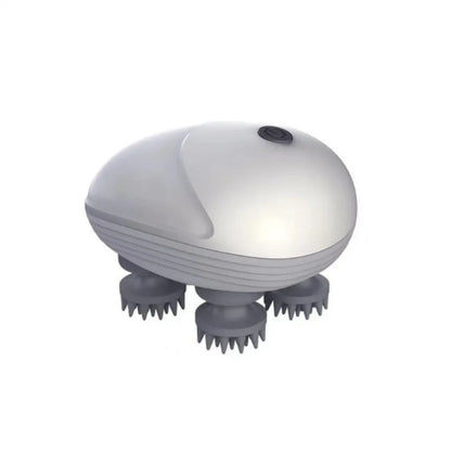 Blue handheld electric pet massager with four rotating heads on a white background.