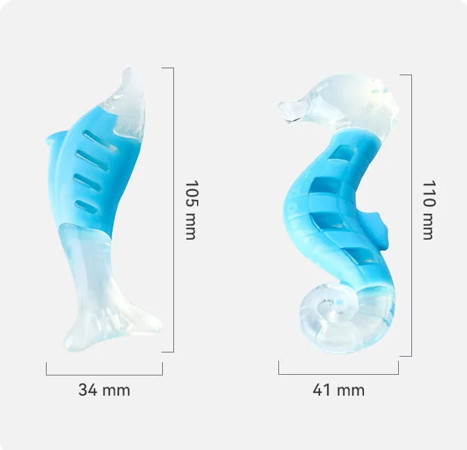 Two PU nylon dog chew toys: one seahorse shape and one tuna shape, on a white background.