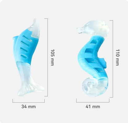 Two PU nylon dog chew toys: one seahorse shape and one tuna shape, on a white background.