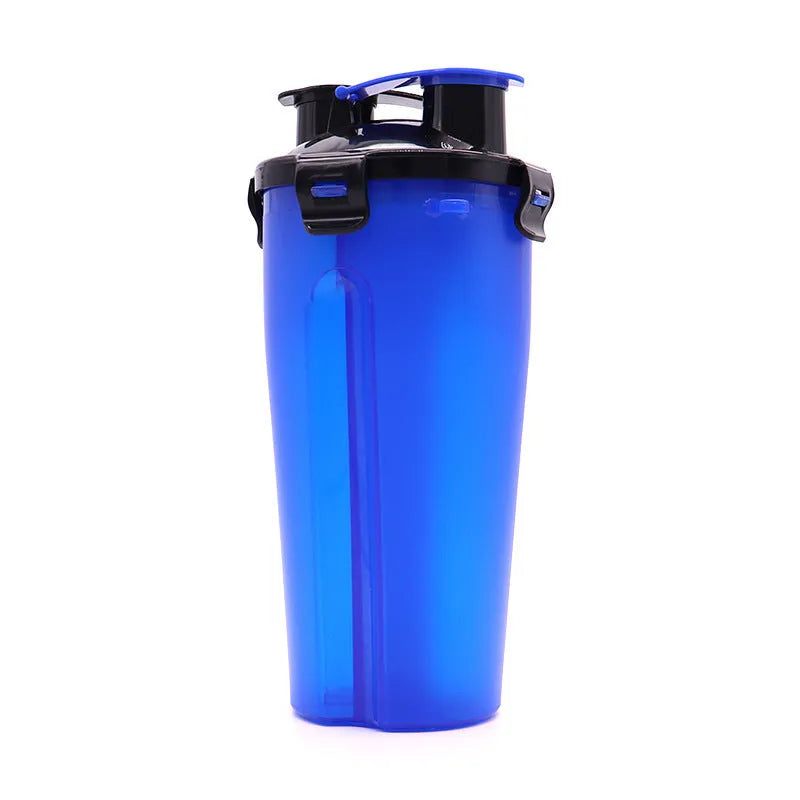 White portable pet water and food cup with separate compartments, shown with blue lid.