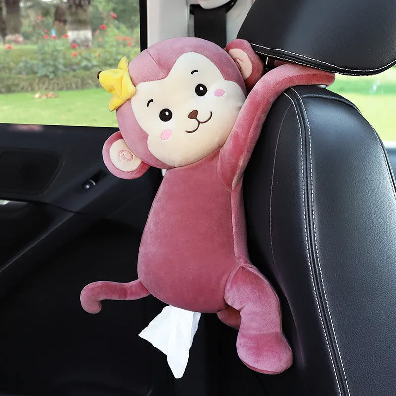 Plush animal design tissue box holder mounted on back of car seat