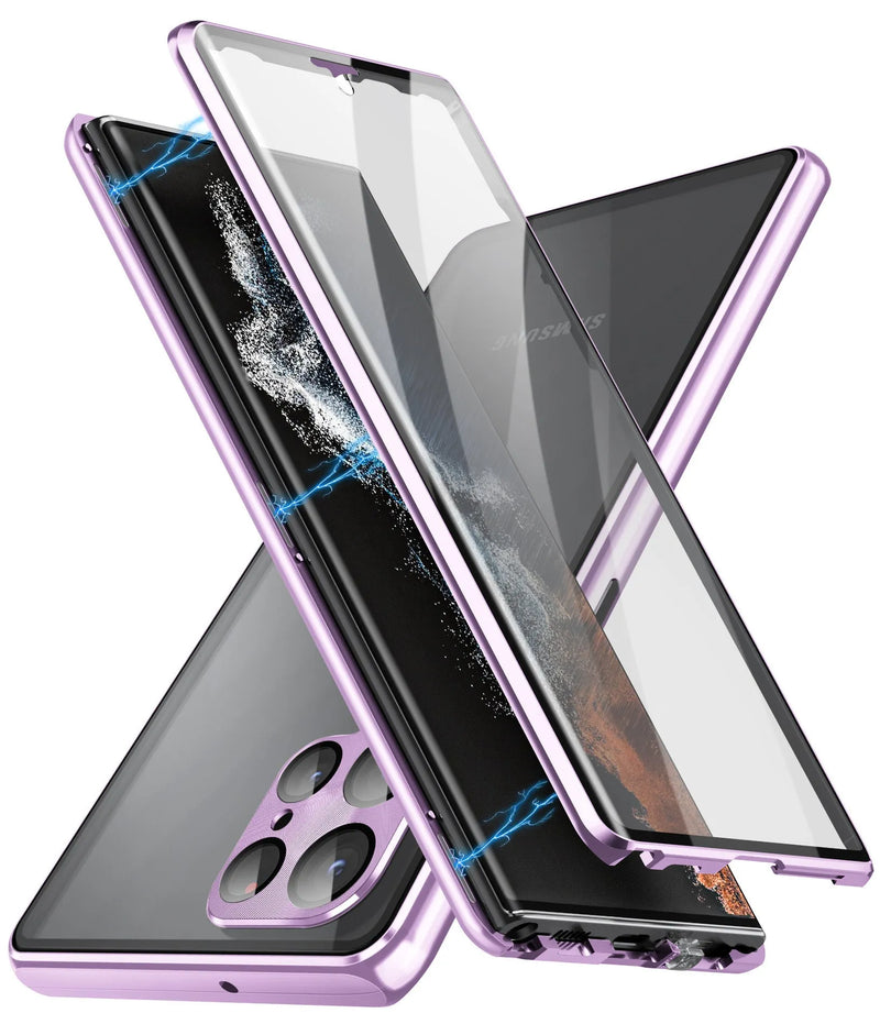 Magnetic mirror phone case for Samsung Galaxy S24 Ultra: features peep-proof privacy screen, universal magnetic attachment for accessories, and impact-resistant metal construction with 7 colour options