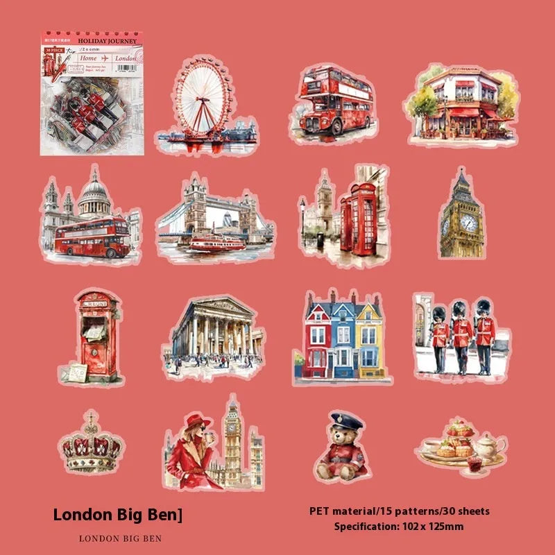 Sheet of retro-style printed stickers showing architectural landmarks including Paris Arc de Triomphe and Bangkok Grand Palace.