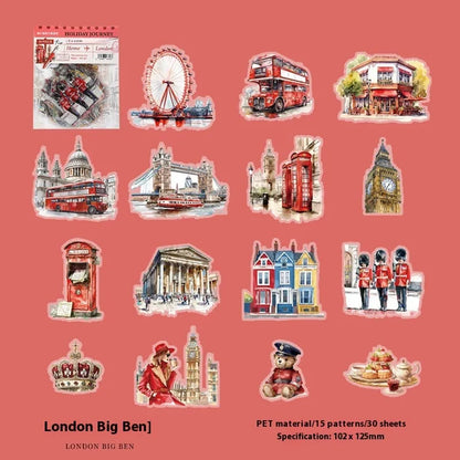 Sheet of retro-style printed stickers showing architectural landmarks including Paris Arc de Triomphe and Bangkok Grand Palace.
