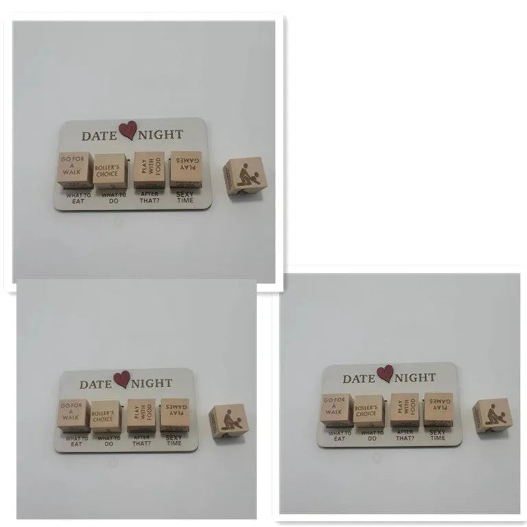 Wooden date night dice set with five 16x10cm dice, planner board, and black storage bag for couple activities