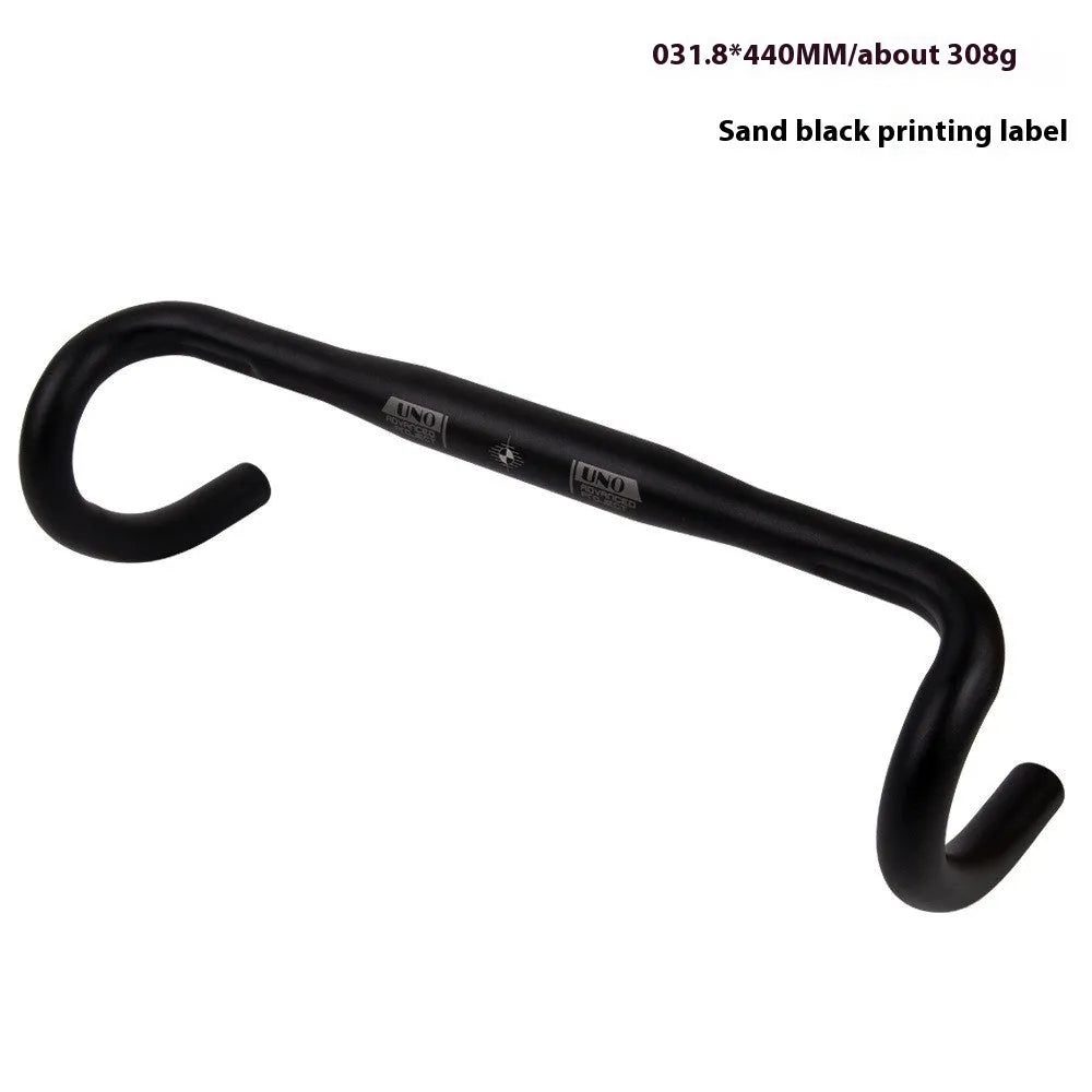 Black aluminium alloy road bike drop handlebar with printed UNO logo showing bend profile
