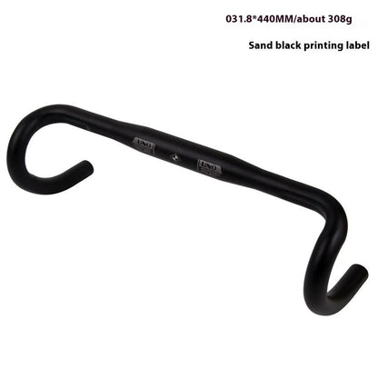 Black aluminium alloy road bike drop handlebar with printed UNO logo showing bend profile