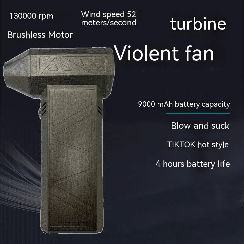 Iron grey cordless handheld turbo fan air duster with brushless motor on a workbench.