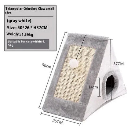 Grey and white triangle-shaped cat scratching post with an integrated soft cat bed.