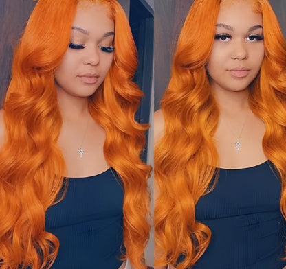 Orange human hair curtain block wig, full head, natural style, available in 8 to 28 inch lengths