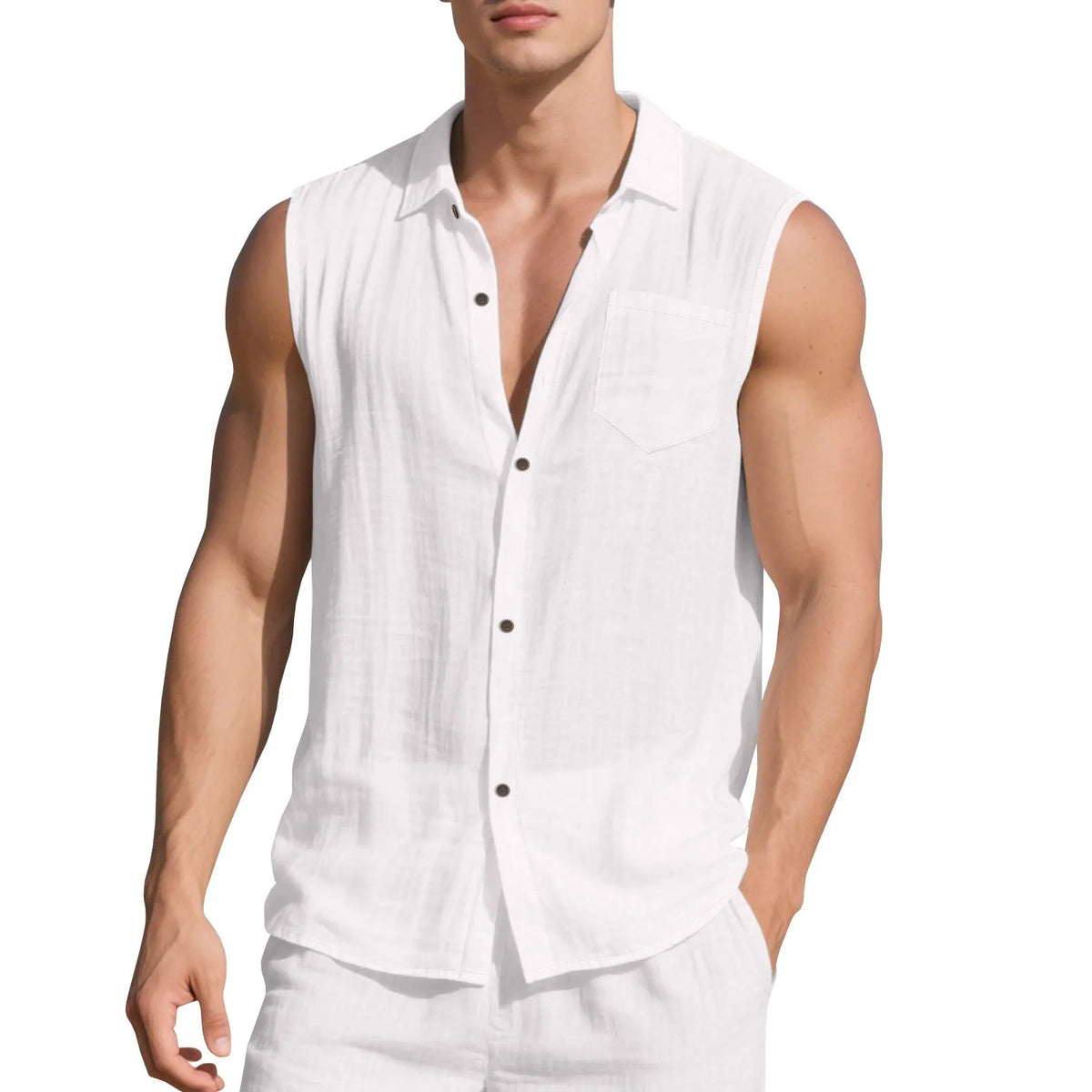 Man's sleeveless linen cardigan vest with a polo collar in a light khaki colour, laid flat.