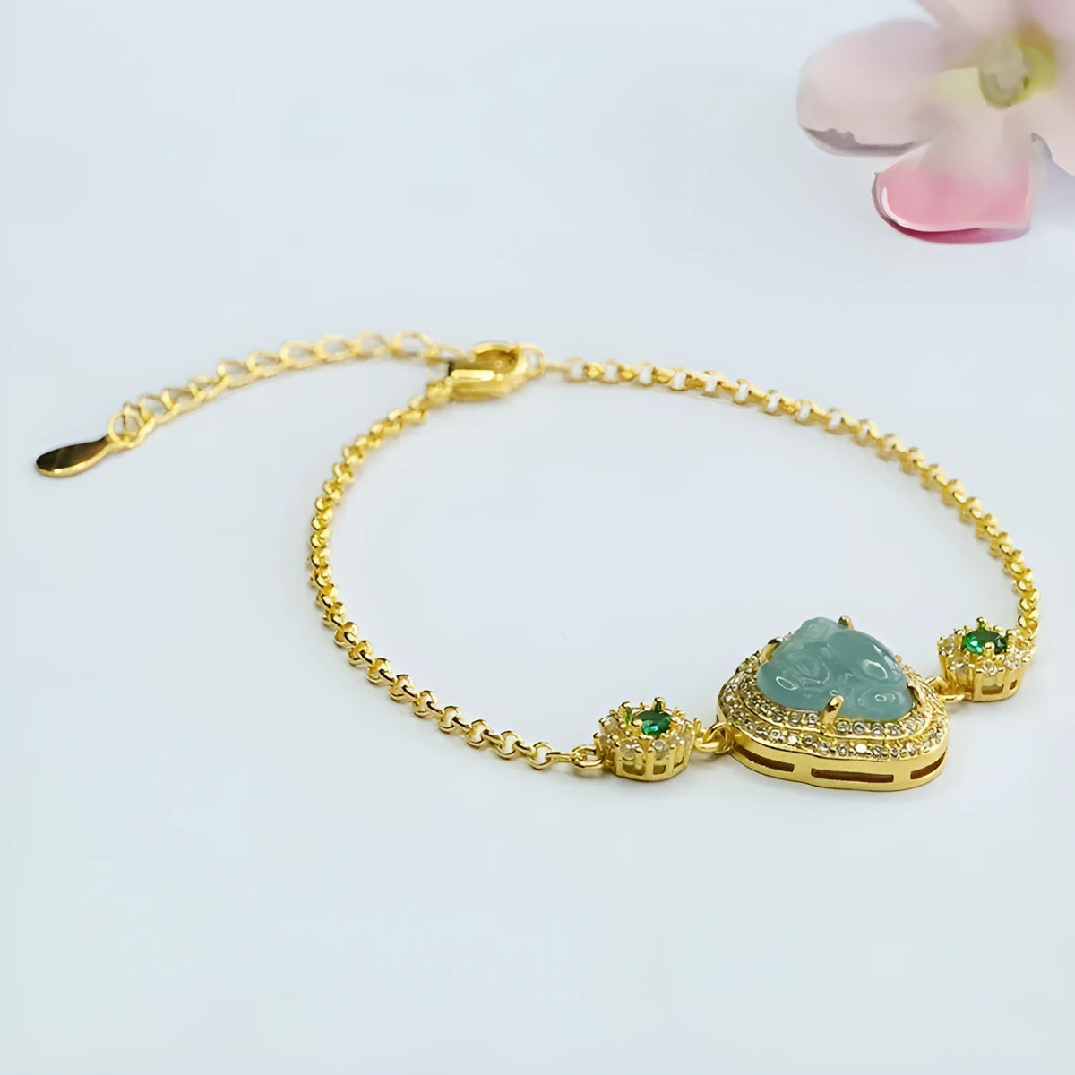 Emerald blue water jade bracelet with Maitreya Buddha beads and elastic cord