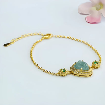 Emerald blue water jade bracelet with Maitreya Buddha beads and elastic cord