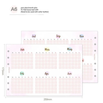 A7, A5, and A6 handbook loose-leaf refill pack showing floral and symphony tri-fold design options.