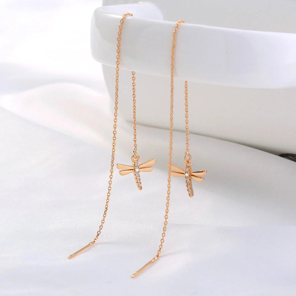 Gold copper dragonfly micro-set zircon long tassel ear wire jewellery
