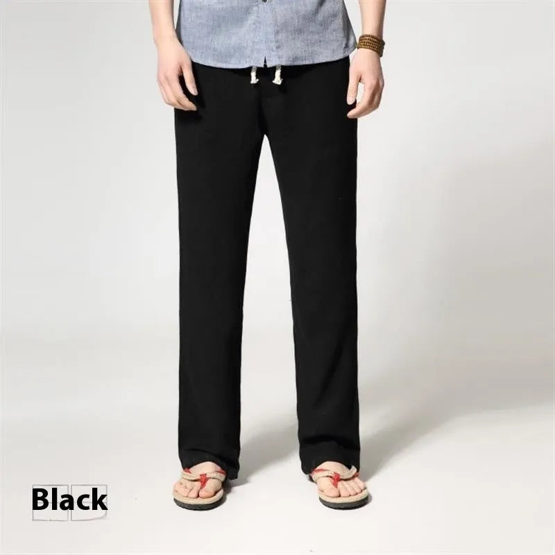 Men's straight leg casual trousers in cotton linen blend showing mid-waist design and straight leg opening