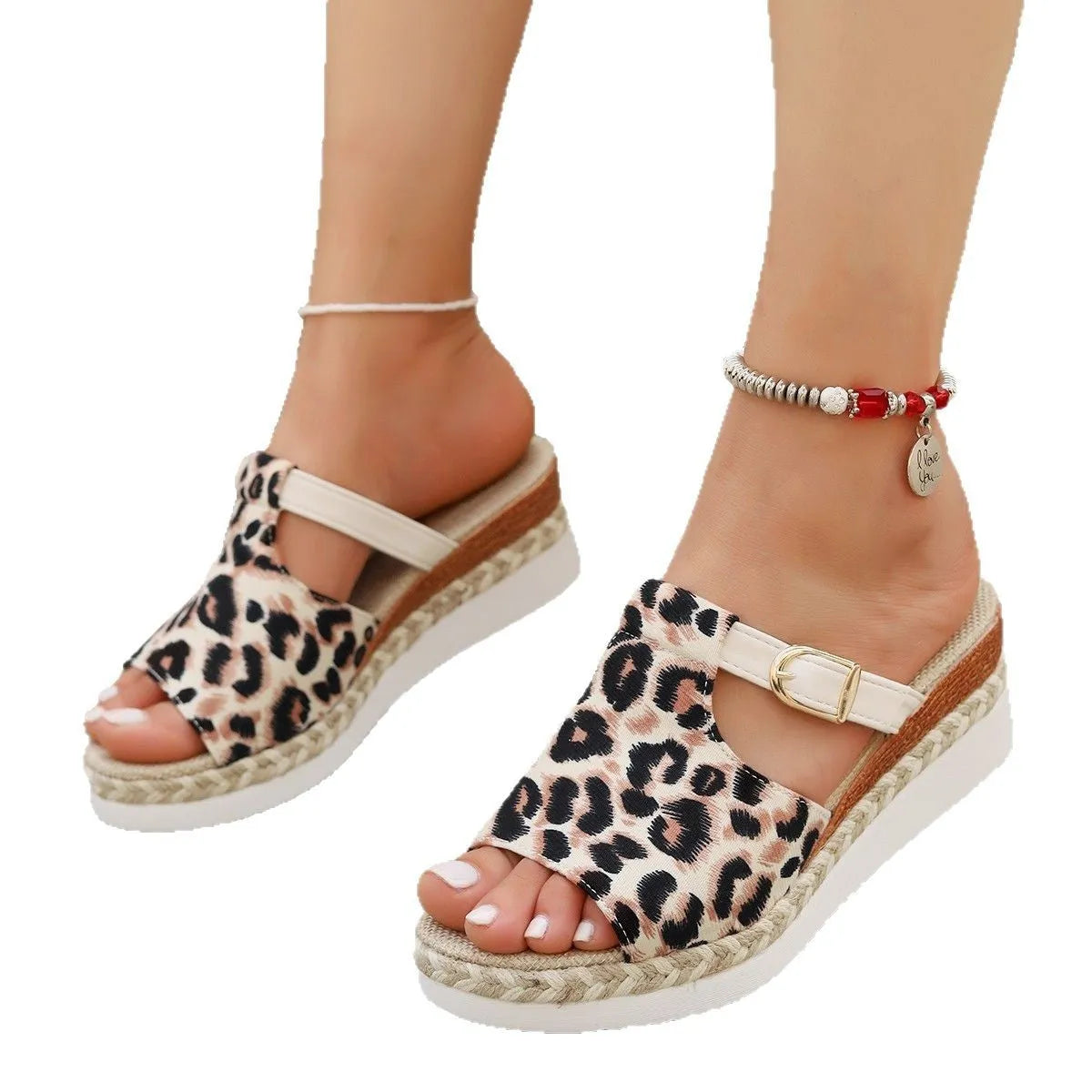 Leopard print wedge platform sandals with fish mouth toe in beige, yellow and light green colours