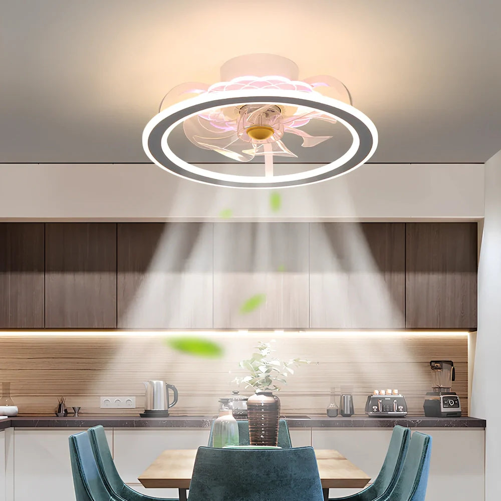 Modern bedroom ceiling fan lamp in white circle with metal blades and Yake shade, 80cm diameter for 220V use