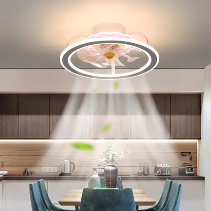 Modern bedroom ceiling fan lamp in white circle with metal blades and Yake shade, 80cm diameter for 220V use