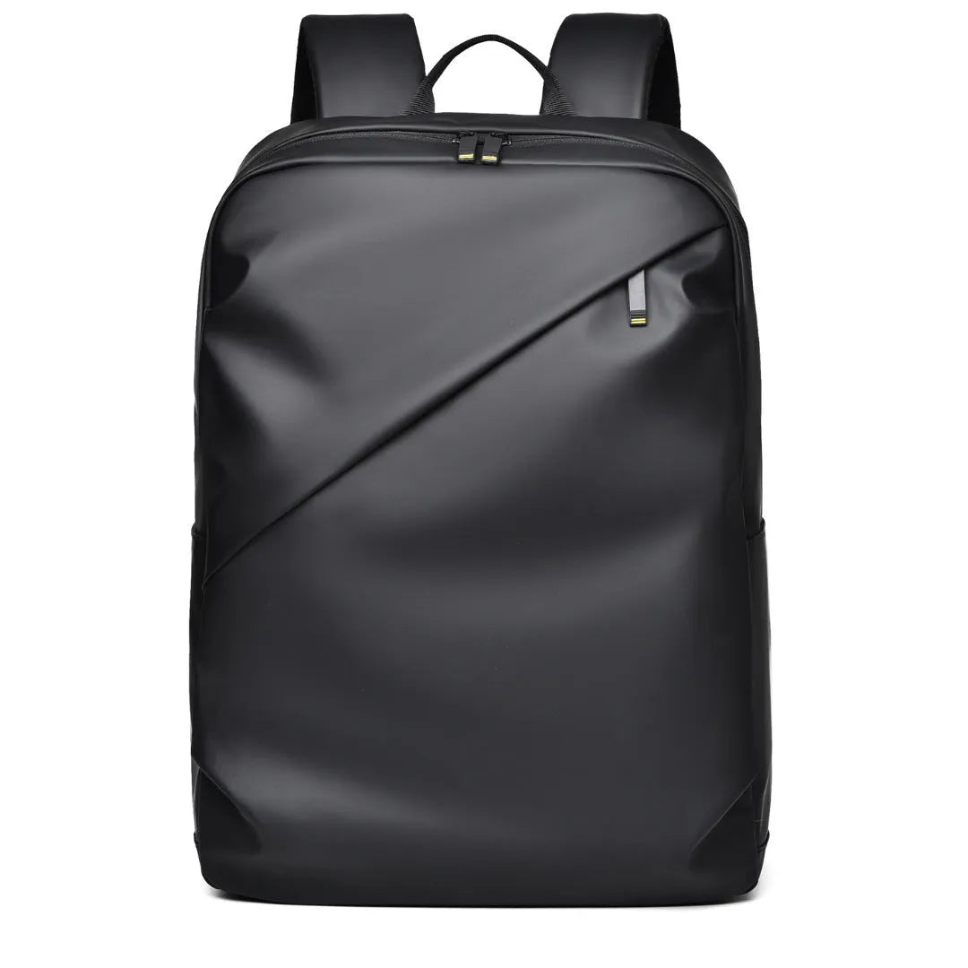 Large black waterproof PU leather laptop backpack with sewing thread details on a simple design.