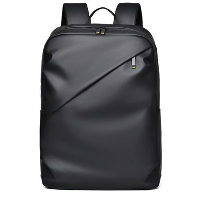 Large black waterproof PU leather laptop backpack with sewing thread details on a simple design.