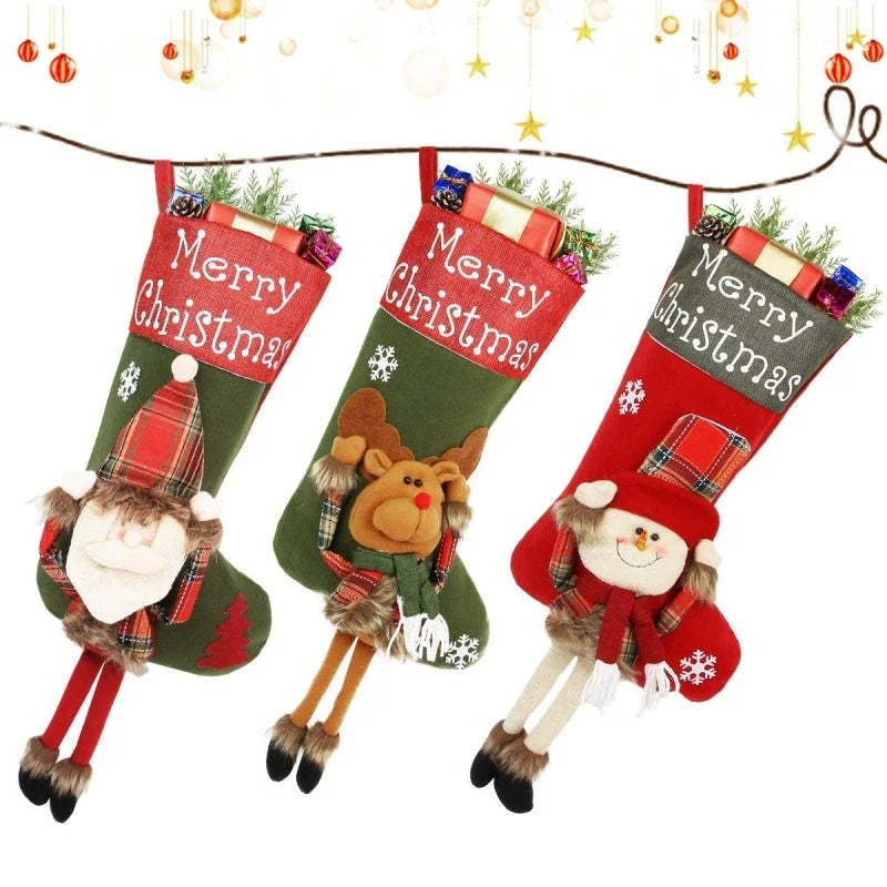 Cozy Christmas stockings with 3D appliqué designs of Santa, Snowman, and Reindeer characters