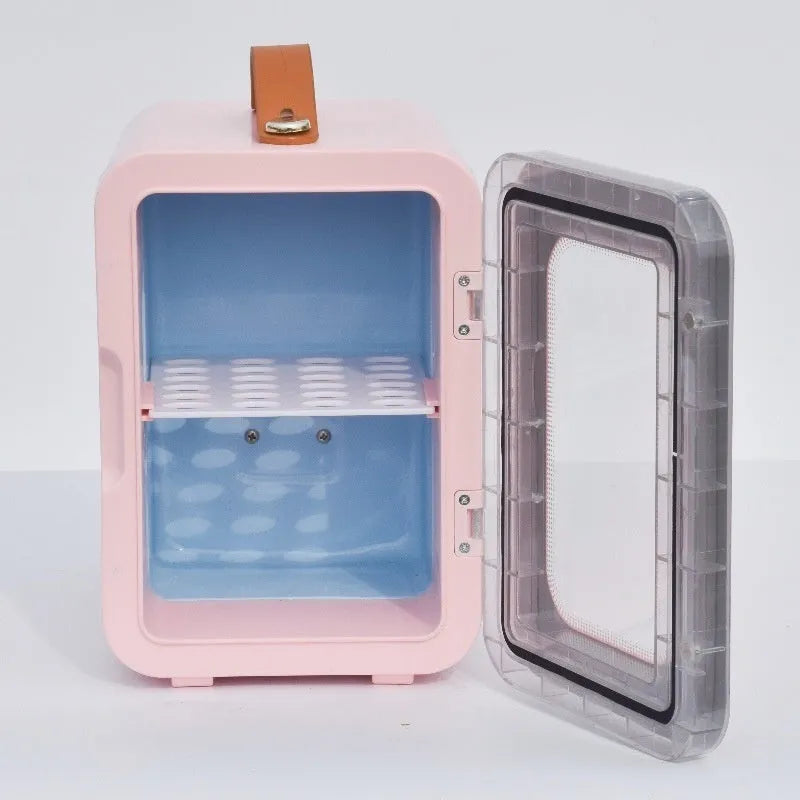 Beauty Mini Refrigerator 6L capacity hot and cold dual-use transparent door portable appliance suitable for car 12V DC and home AC 110V or 220V power supply in pink black or white colour options