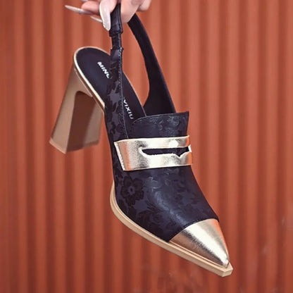 Korean style women's chunky heel sandals with pointed toe and high-cut elastic strap in three colours.