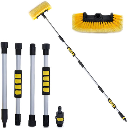 Yellow portable car wash brush with removable four-section rod and flow-through brush head