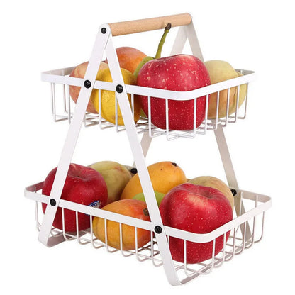 Black iron double-layer fruit basket with a wooden handle, shown detached and assembled.