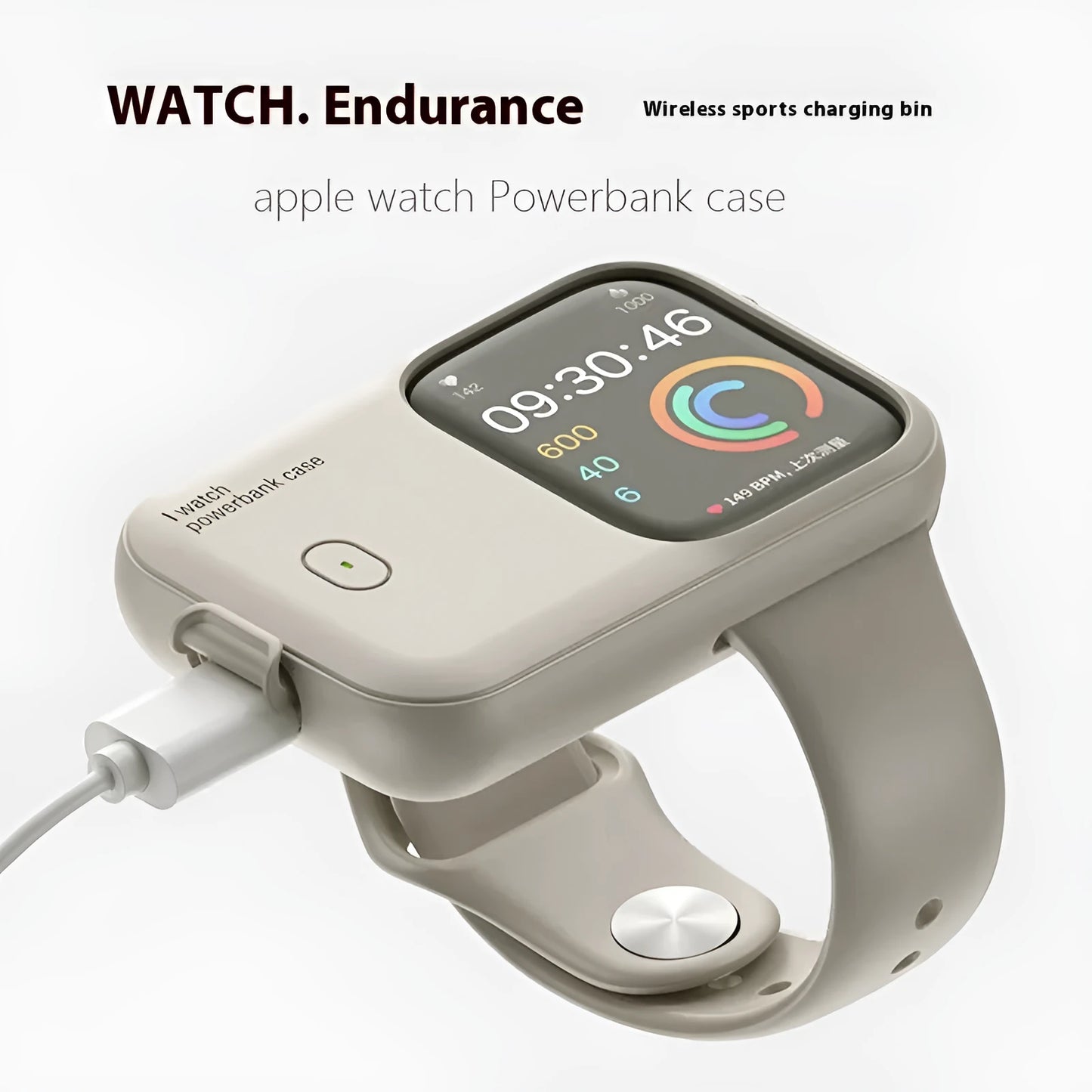 Apple Watch Ultra portable wireless power bank charging case in brown, midnight blue, or starlight.