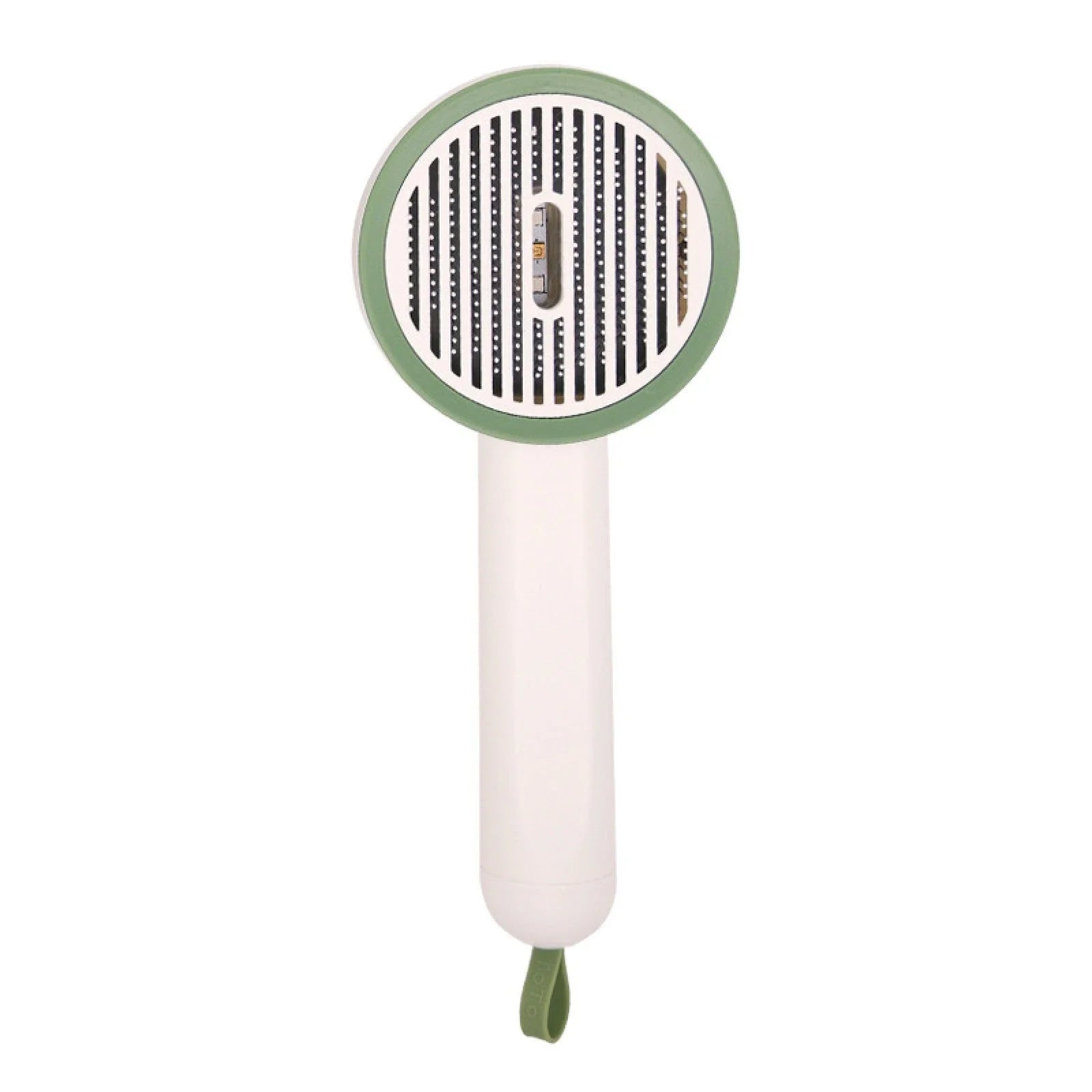 Rechargeable pet grooming brush with UV sterilization, automatic hair removal, and ergonomic floating comb design