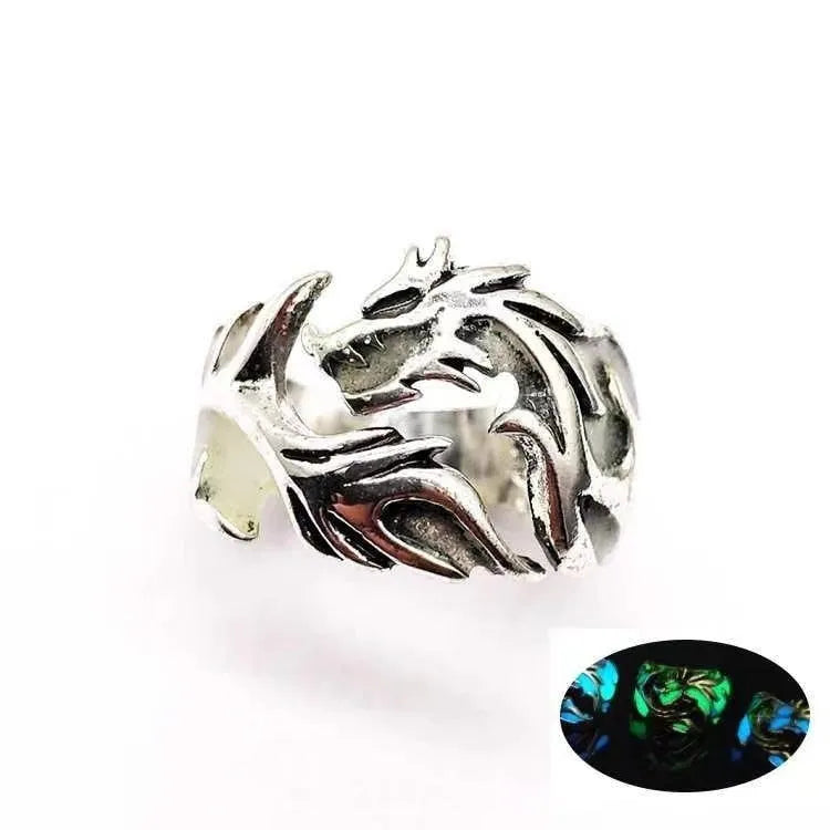 Adjustable metal ring with a luminous Chinese dragon pattern in antiqued silver, blue, and green colours.