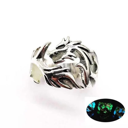 Adjustable metal ring with a luminous Chinese dragon pattern in antiqued silver, blue, and green colours.