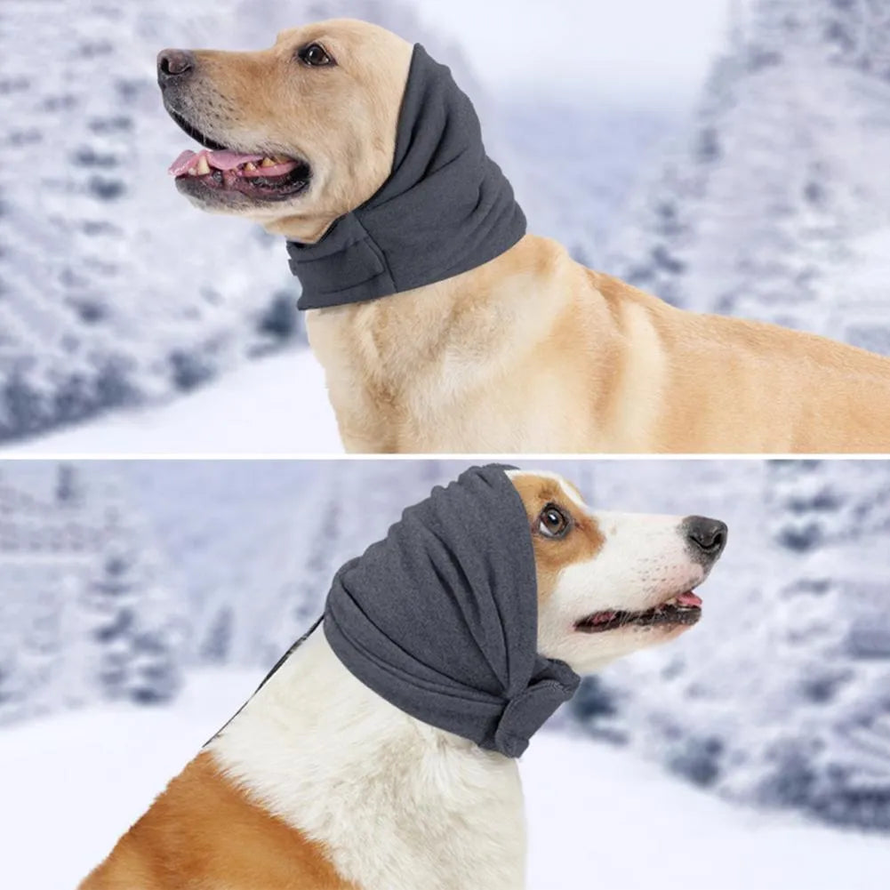 Soft polyester dog head cover for noise reduction and mealtime use in black or purple.