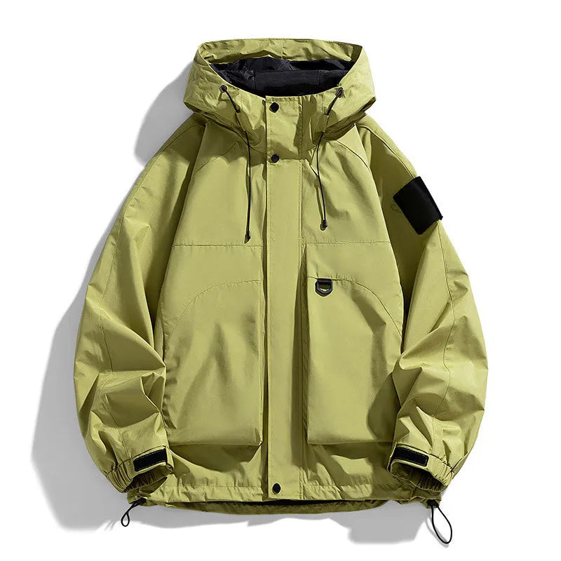 Men's black windproof waterproof hooded coat with polyester fibre, regular length, long sleeves, sizes up to 8XL