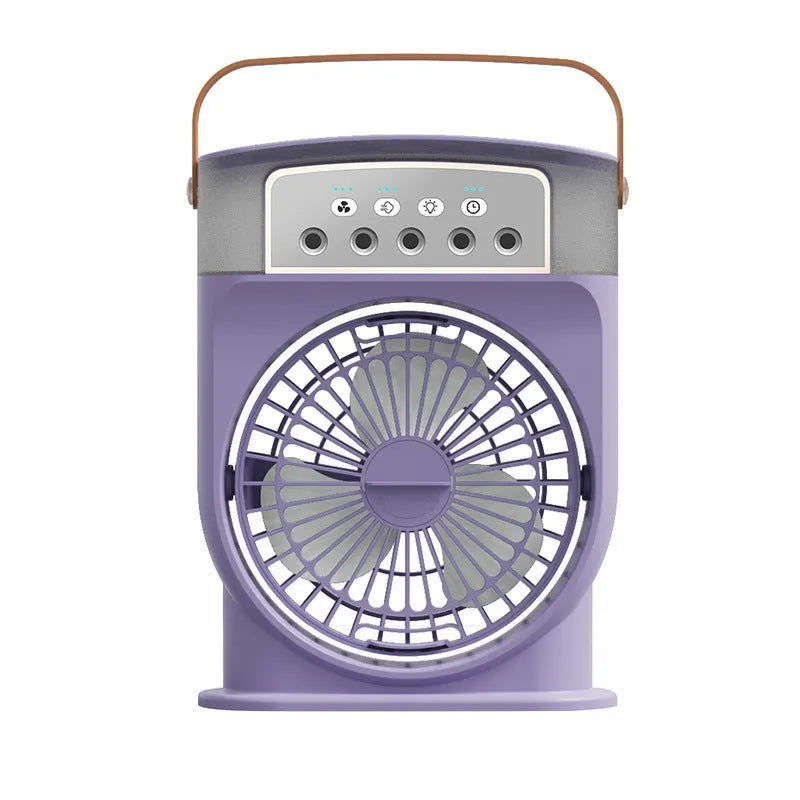 Black portable USB air cooler fan with adjustable head, leather handle, and removable water tank on a desk.