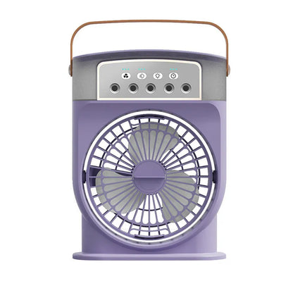 Black portable USB air cooler fan with adjustable head, leather handle, and removable water tank on a desk.